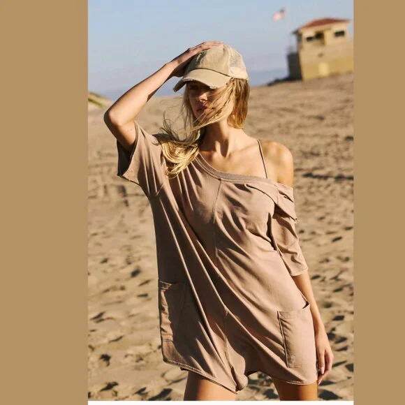 Free People Hot Shot Tee Romper in Mocha Latte Tan Color NWOT Size Large - Picture 5 of 10